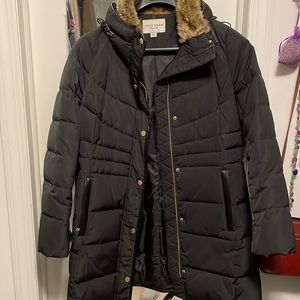 Cole Haan black winter coat with faux fur trim around collar